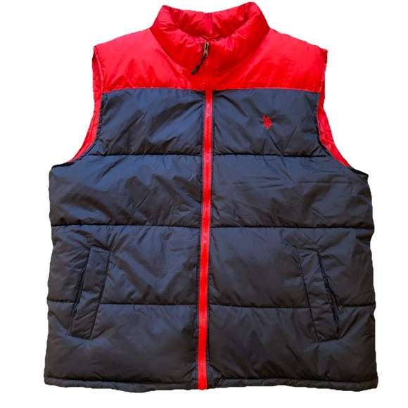 U.S. Polo Assn Puffer Vest Mens 2XL Navy Blue Red Full Zip Sporty Winter Ski EUC - Picture 2 of 9